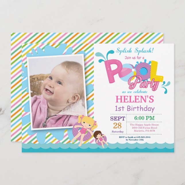 Pool Party Birthday Invitation Splish Splash Girl (Front/Back)