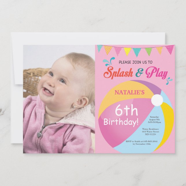 Pool Party Birthday Invitation Splish Splash Girl (Front)