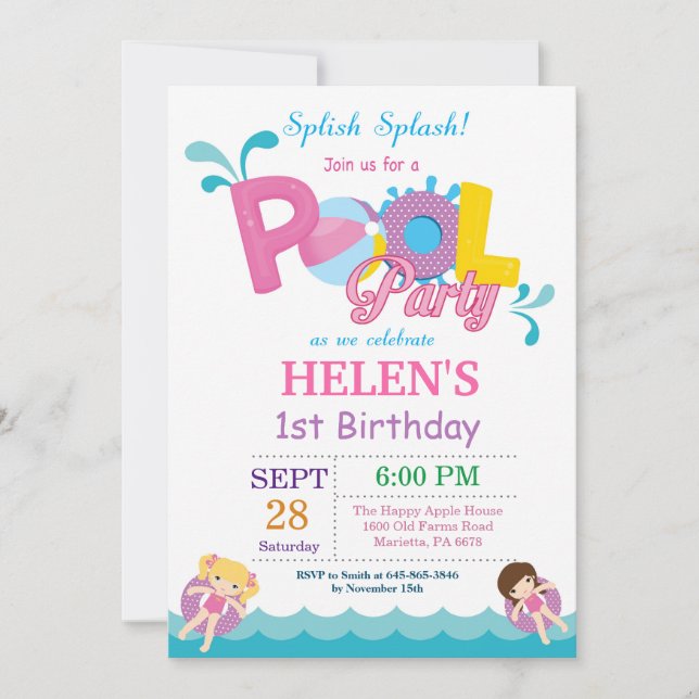 Pool Party Birthday Invitation Splish Splash Girl (Front)