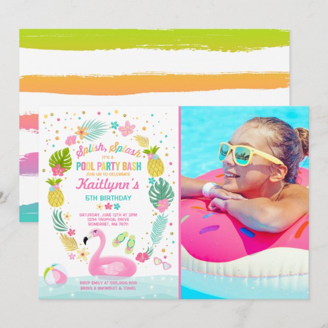 Pool Party Birthday Invitation Tropical Flamingo (Front/Back)