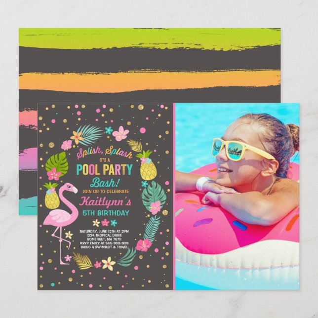Pool Party Birthday Invitation Tropical Flamingo (Front/Back)