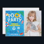 Pool Party Birthday Invitation with photo<br><div class="desc">Make a splash with this fun and vibrant Pool Party Birthday Invitation — perfect for kids, tweens, or teens celebrating under the sun! Featuring colourful poolside elements like water splashes, beach balls, floaties, and summer graphics, this editable invitation brings the excitement of a backyard pool bash to life. Customize effortlessly...</div>