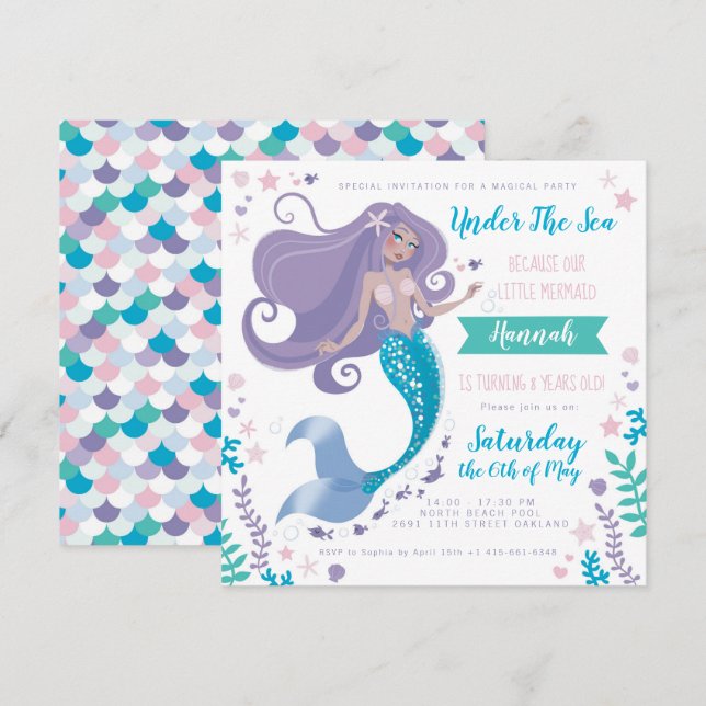 Pool Party Birthday Mermaid Invitation Girl (Front/Back)