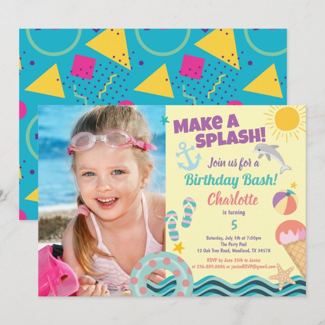 Pool party birthday photo invitation for girl (Front/Back)