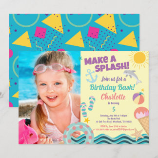 Pool party birthday photo invitation for girl