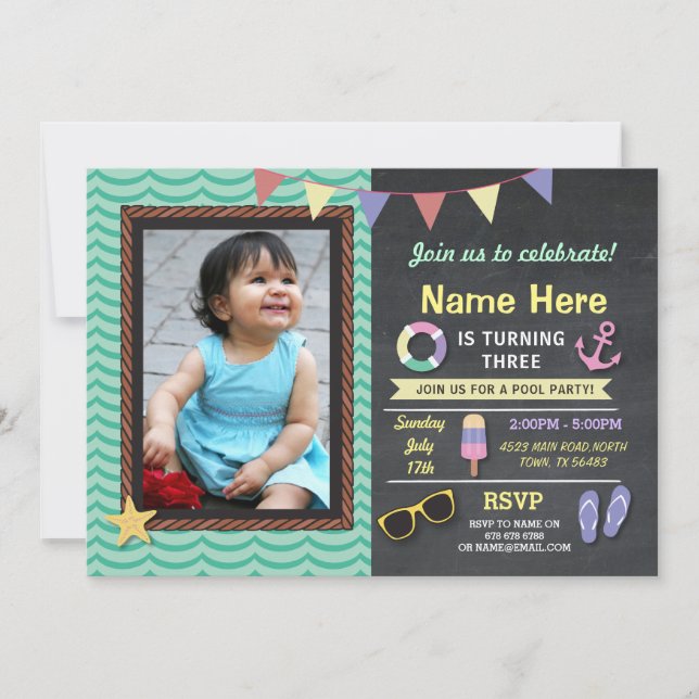 Pool Party Birthday Photo Summer Anchor Invite (Front)