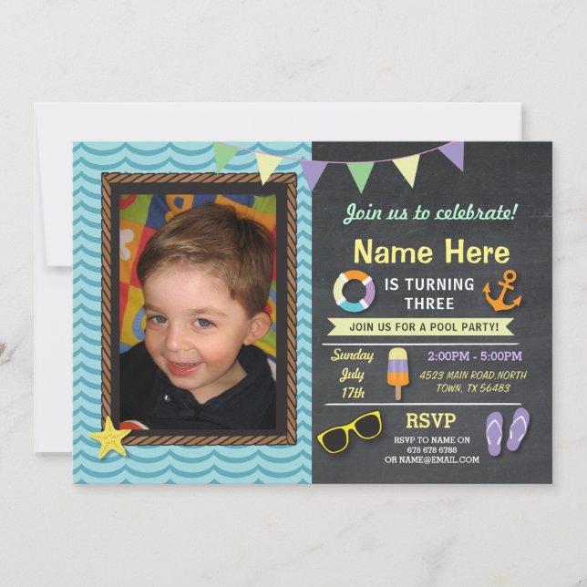 Pool Party Birthday Photo Summer Blue Invite (Front)