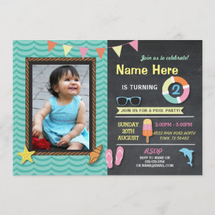 Pool Party Birthday Photo Summer Mint Invite