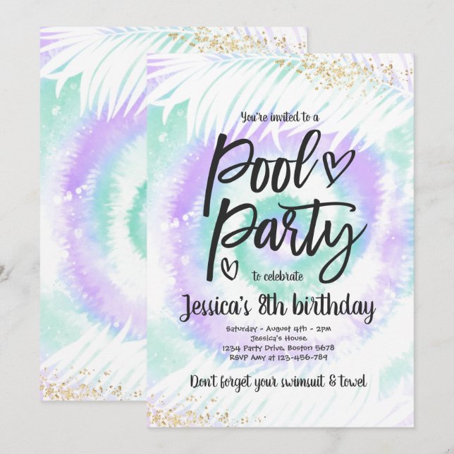 Pool Party Birthday Purple Tie Dye Pool Party Invitation (Front/Back)