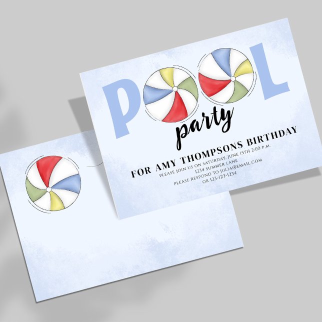Pool Party Birthday Summer Trendy Beach Balls Invitation (Summer Pool Party Birthday invitation with whimsical beach balls. )