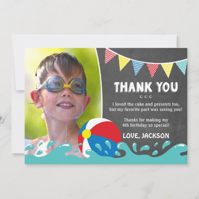 Pool Party Birthday Thank You Card with Photo (Front)