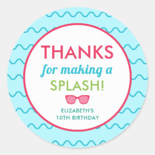 Pool Party Birthday Thank You Splash Colourful Kid Classic Round Sticker