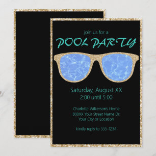Pool Party Black and Gold Glitter Sunglasses Invitation