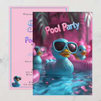 Pool Party Blue Rubber Duck Pink Blue Glitter Tex  Invitation
