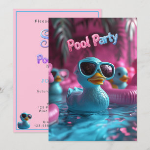 Pool Party Blue Rubber Duck Pink Blue Invitation