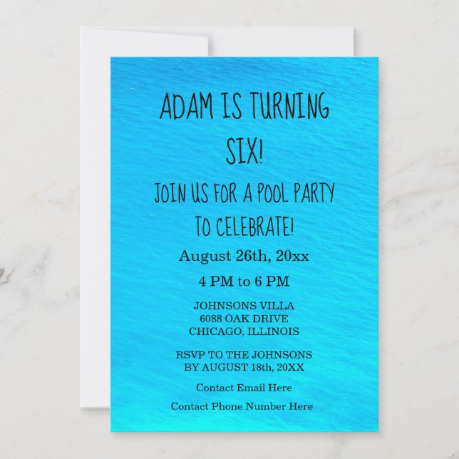 Pool Party Blue Water Personalized Name Birthday Invitation (Front)