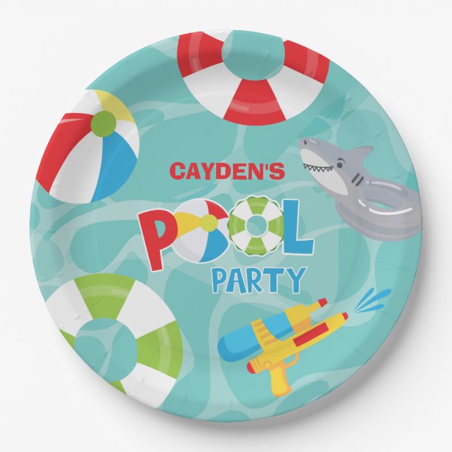 Pool Party Boy Birthday Shark Float Paper Plate (Front)