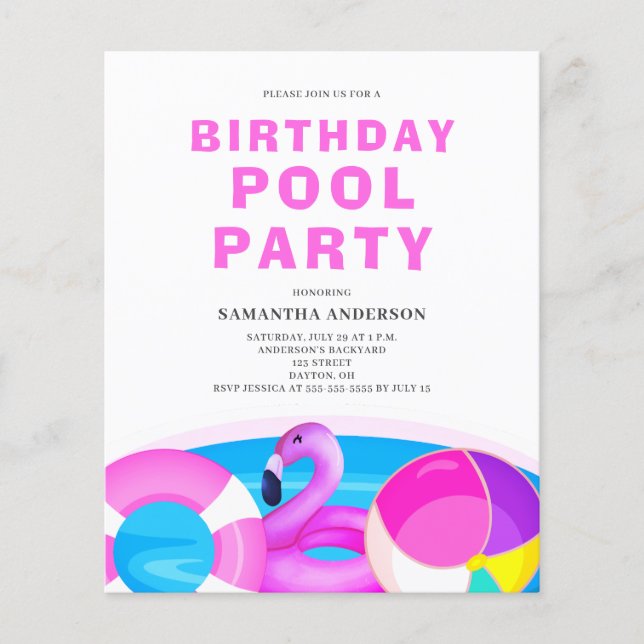 Pool Party Budget Birthday Invitation Flyer (Front)