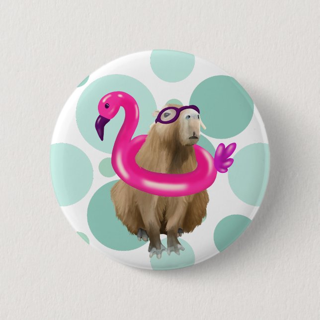 Pool Party Cute Capybara With Pink Flamingo Float 2 Inch Round Button (Front)
