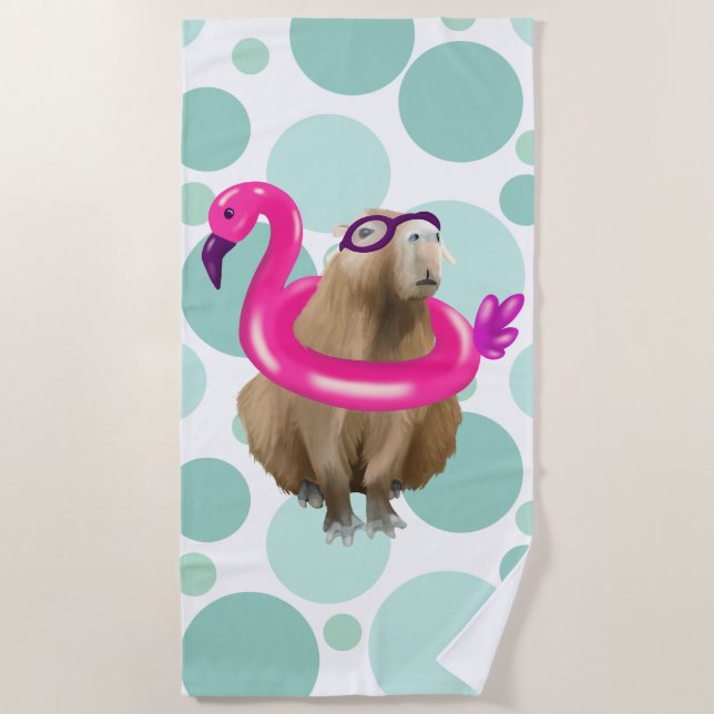 Pool Party Cute Capybara With Pink Flamingo Float Beach Towel (Front)