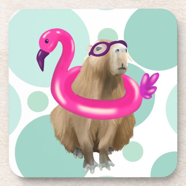 Pool Party Cute Capybara With Pink Flamingo Float Coaster (Front)