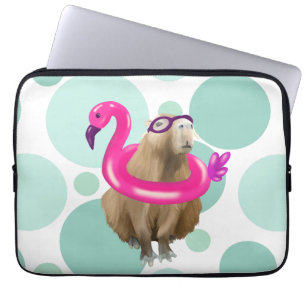 Pool Party Cute Capybara With Pink Flamingo Float Laptop Sleeve