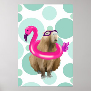 Pool Party Cute Capybara With Pink Flamingo Float Poster