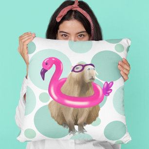Pool Party Cute Capybara With Pink Flamingo Float Throw Pillow