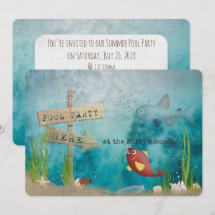 Pool Party-fish in ocean with wooden sign Invitation