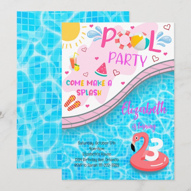 Pool Party Flamingo Birthday Invitation (Front/Back)