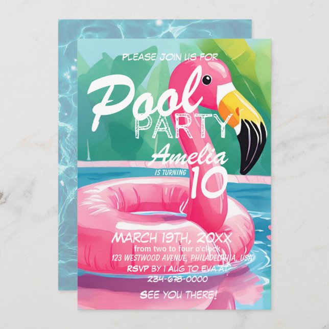 Pool Party Flamingo Girl 10th Birthday Invitation (Front/Back)