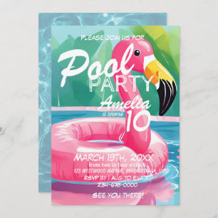 Pool Party Flamingo Girl 10th Birthday Invitation