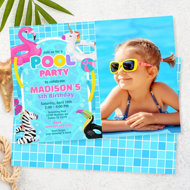 Pool Party Flamingo Unicorn Float Photo Birthday  Invitation (Creator Uploaded)