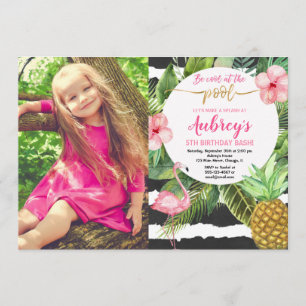 Pool party girl birthday, flamingo tropical photo invitation