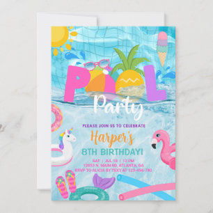 Pool party girl birthday invitation, pool bash. invitation