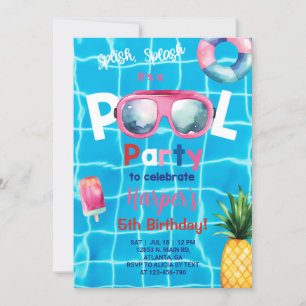 Pool party girl birthday invitation, pool goggles. invitation