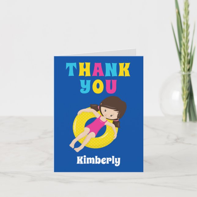 Pool Party Girl Custom Kids Thank You Card (Front)