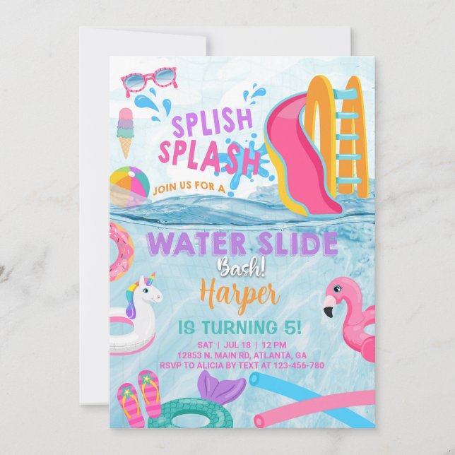 Pool party girl water slide bash invite. invitation (Front)