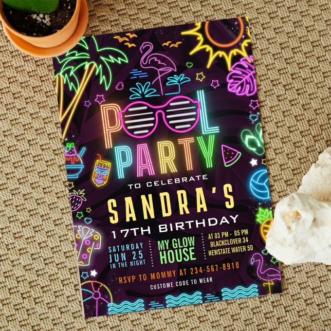 Pool Party Glow 17e anniversaire Invitation modifi (Pool Party Birthday Invitation)