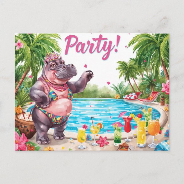 Pool Party Hippo at the beach Postcard (Front)