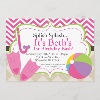 Pool Party Hot Pink Chevron and Tan Argyle Invite