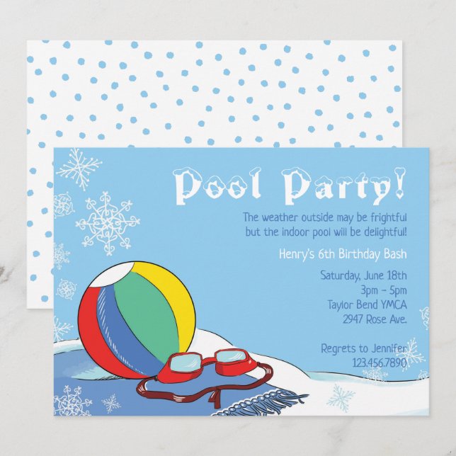 Pool Party in Winter Boys Indoor Snowy Swimming  Invitation (Front/Back)