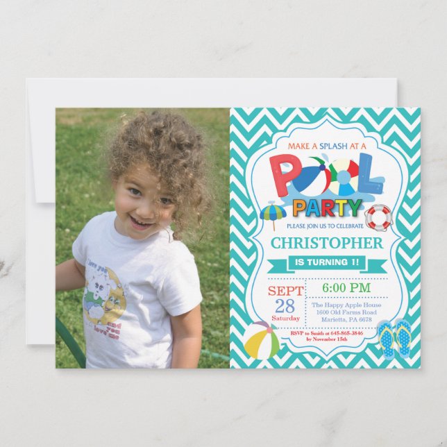 Pool Party Invitation Aqua Splish Splash Boy (Front)