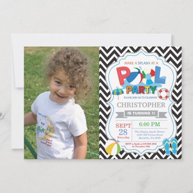 Pool Party Invitation Black Splish Splash Boy (Front)