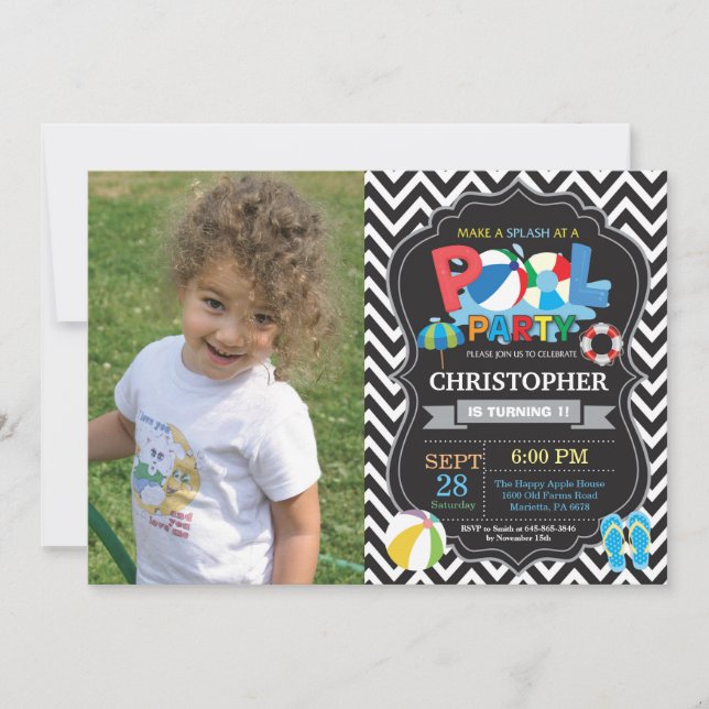 Pool Party Invitation Black Splish Splash Boy (Front)