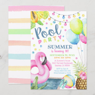 Pool Party Invitation Girl Flamingo Watercolor