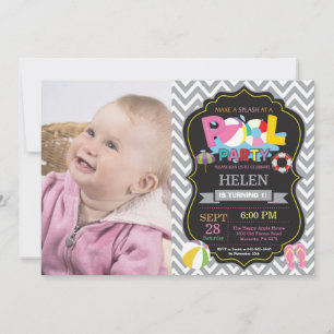 Pool Party Invitation Grey Splish Splash Girl