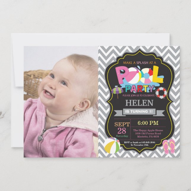 Pool Party Invitation Grey Splish Splash Girl (Front)