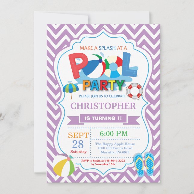 Pool Party Invitation Purple Splish Splash Boy (Front)