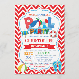 Pool Party Invitation Red Splish Splash Boy